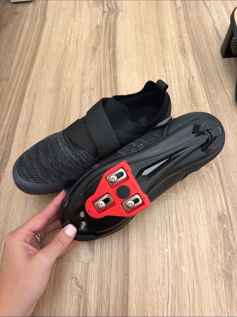 Women’s Black Cycling Shoes with Red Cleat Plate